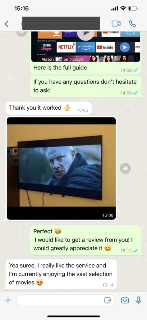 Sync IPTV customer WhatsApp satisfaction review 1